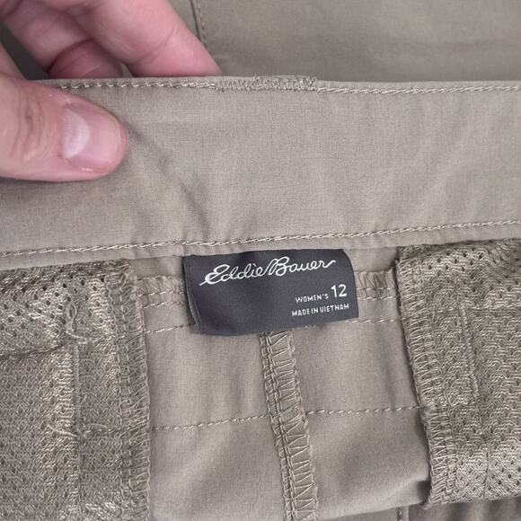Eddie Bauer Pants Womens 12 Tan Ruched Leg Capri Stretch Thin GORP Hiking Trail - Picture 11 of 13
